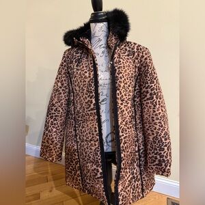 Leopard Print Women's Puffer Jacket with Black Trim
